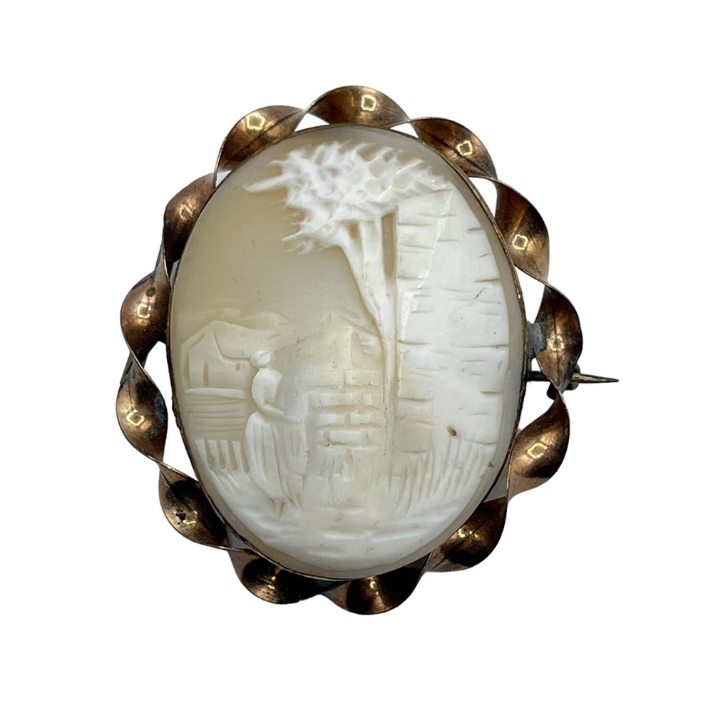 Antique Large Gold Filled Carved Shell Rebecca At The Well Twist C Clasp Brooch